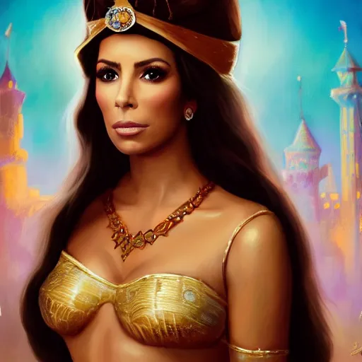 Image similar to a portrait of eva longoria as an arabian princess in a disney movie, crown!! oil painting, pale colors, high detail, 8 k, wide angle, trending on artstation,