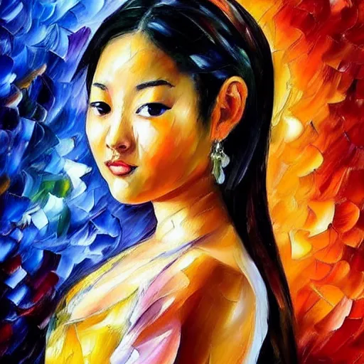 Image similar to a leonid afremov oil painting of a beautiful asian girl