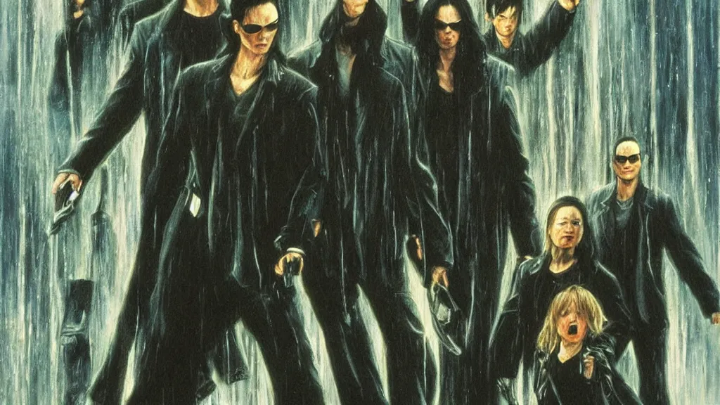 Image similar to an oil painting in the style of alan lee depicting the movie the matrix ( 1 9 9 9 )