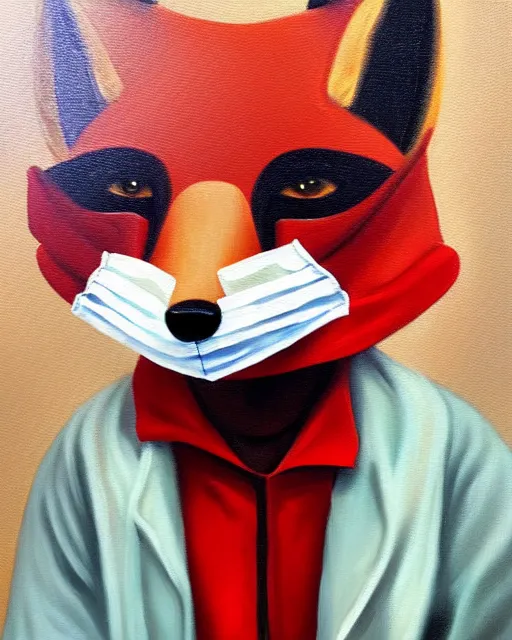 Image similar to oil painting portrait of anthropomorphic female fox animal dressed in labcoat, surgical mask covering mouth, red eyes, fox animal, hospital in background, oil painting,