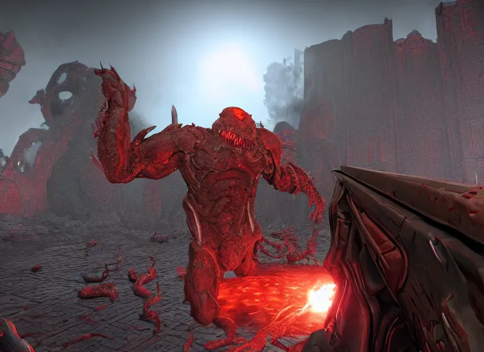 Image similar to ( doom ) screenshot featuring hellknight by kenneth scott in ue 5