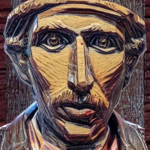 Prompt: accurate portrait of a bob dylan, symmetrical face, carved out of red oak wood on a pedestal art by vincent van gogh, dramatic lighting, artsy, 8 k
