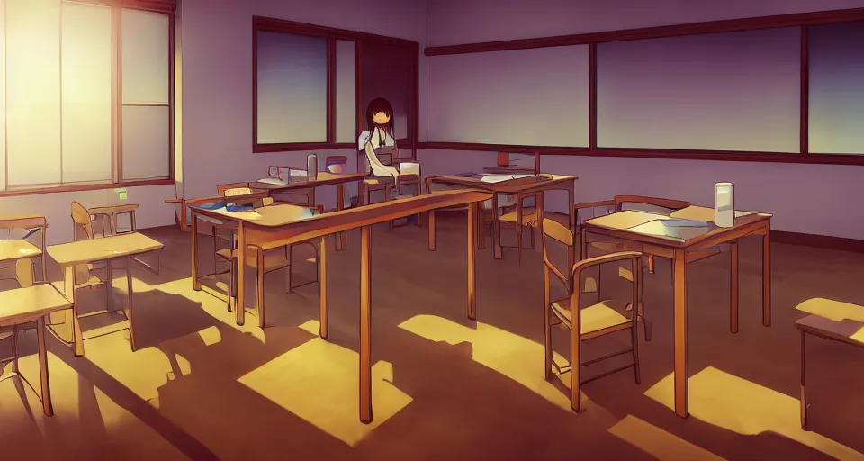 Prompt: empty!! japanese classroom in golden hour lighting, key visual novel, clannad, digital painting, anime, dreamy