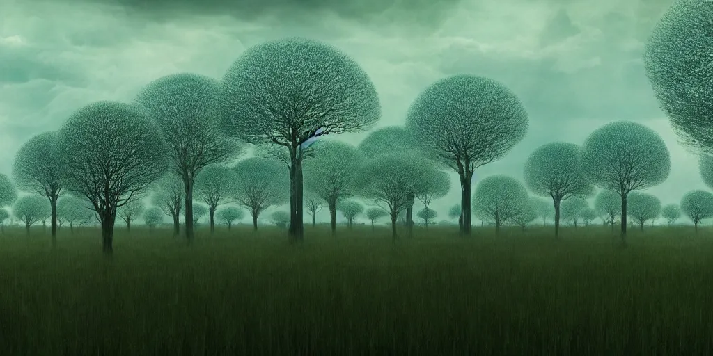 Image similar to trees from avatar movie fully wrapped in transparent polyethylene with light cloudy sky background, film still from the movie directed by denis villeneuve with art direction by zdzisław beksinski, close up, telephoto lens, shallow depth of field