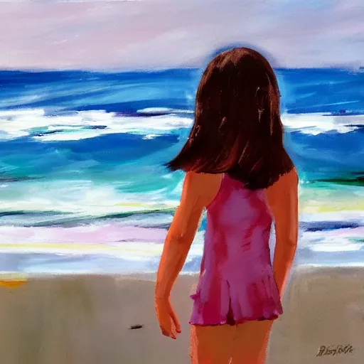 Prompt: girl looking at the ocean waves, Leon Bosko style