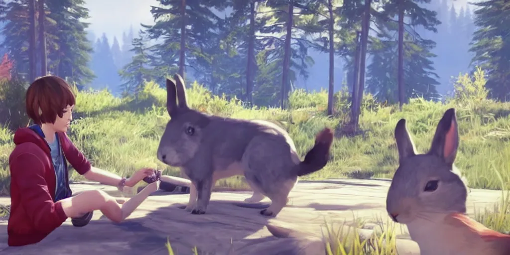 Image similar to max caulfield petting a rabbit in the video game life is strange, screenshot