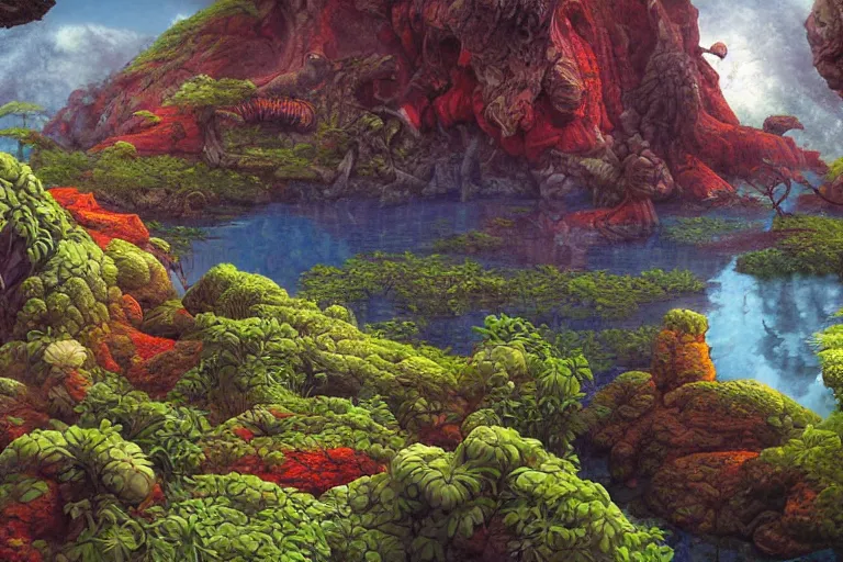 Image similar to digital painting of a lush natural scene on an alien planet by gerald brom. digital render. detailed. beautiful landscape. colourful weird vegetation. cliffs and water.