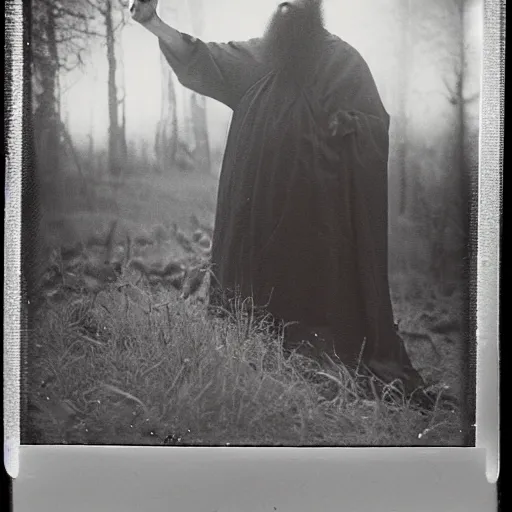 Prompt: trail _ camera _ photo _ of _ a _ breaton monks looking like rasputin with lit candles _ realistic _ spooky _ grimdark _ night _ black _ and _ white, polaroid