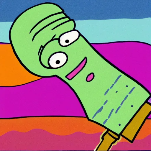 Prompt: squidward with hair, from spongebob squarepants holding a hammer, intricate abstract, cartoon by stephen hillenburg