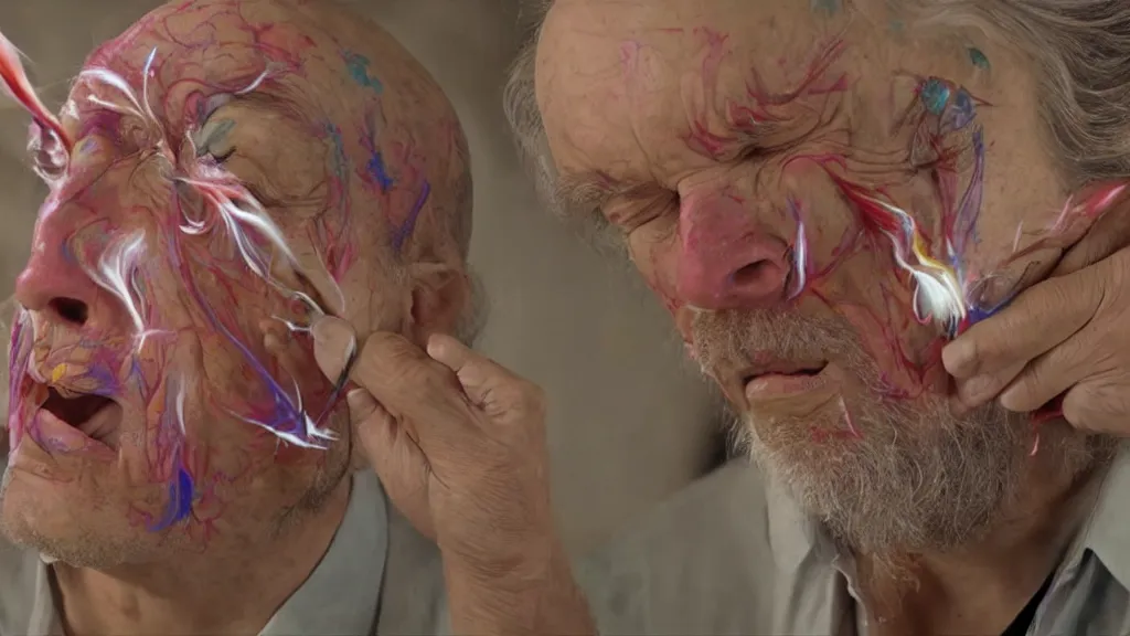 Image similar to alex grey painting a sneeze, film still from the movie directed by Denis Villeneuve with art direction by Salvador Dalí, wide lens