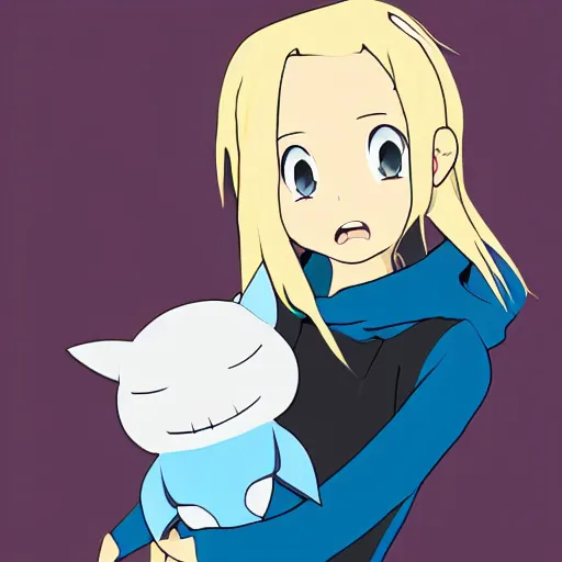 Image similar to a blonde girl in a black hoodie holding a blue-shark-stuffie, anime style digital art