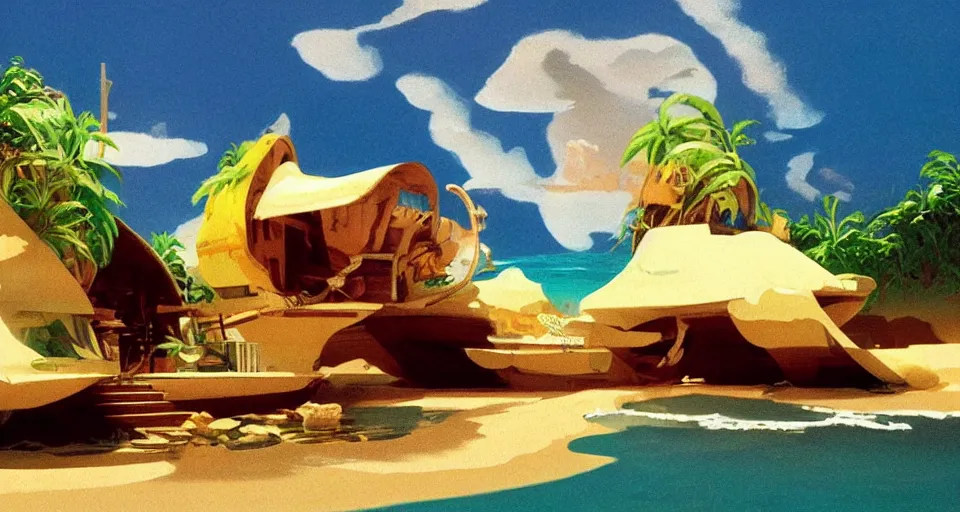 Image similar to environment art, seashell house where a hermit girl lives, atmospheric cinematography by syd mead and emmanuel lubezki