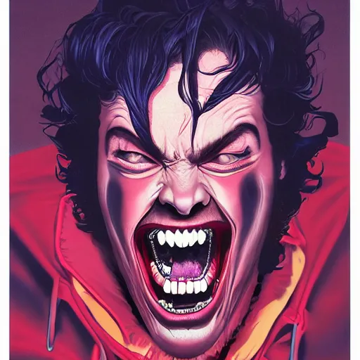 Image similar to portrait of crazy screaming post malone with red eyes like hal 9 0 0 0, as vampire, symmetrical, by yoichi hatakenaka, masamune shirow, josan gonzales and dan mumford, ayami kojima, takato yamamoto, barclay shaw, karol bak, yukito kishiro