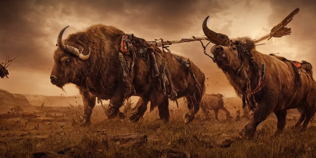 Image similar to wood punk, motorized indians attacking bisons, action scene, an epic western, dramatic lighting, cinematic, establishing shot, extremely high detail, photorealistic, cinematic lighting, artstation, octane render, old photo, buffalo hunt movie, alpha movie, western, ultra sharp, clean symmetrical faces, high detail, intricate,hypermaximalist,hyper realism