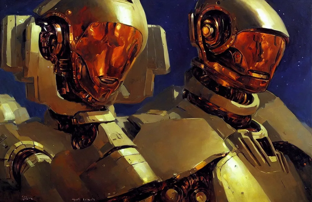 Image similar to portrait of futuristic space robot!!!!!!!!!!!!!!!!!!!!!!!!!!!, detailed face, detailed painting, epic lighting, by ilya repin, phil hale and kent williams