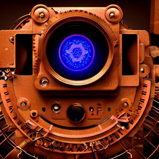 Image similar to cardboard camera, steampunk, extreme closeup, center frame, symmetric, rim light, bioluminescence, electric, soft, concept art, intricate details, highly detailed, colorful, photorealistic, disney pixar, octane render, iridescent, anime, 8 k