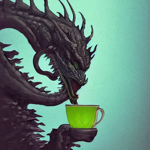 Image similar to a green dragon drinking a cup of tea, intricate concept art, artstation