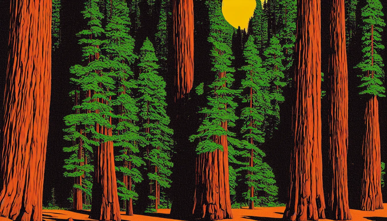 Image similar to giant sequoia by dan mumford and peter doig and edward hopper, symmetrical, minimal, black ink, thick lines highly detailed, muted colours 8 k