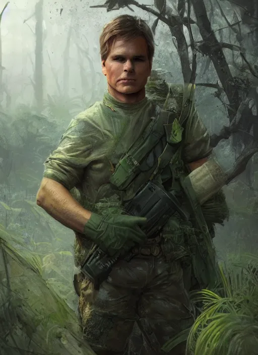 Prompt: portrait of a young richard dean anderson wearing a green combat uniform, in a post apocalyptic city overgrown by plants, by wlop, by greg rutkowski, cover illustration, concept art, volumetric lighting, volumetric atmosphere, sharp focus, octane render, trending on artstation, 8 k