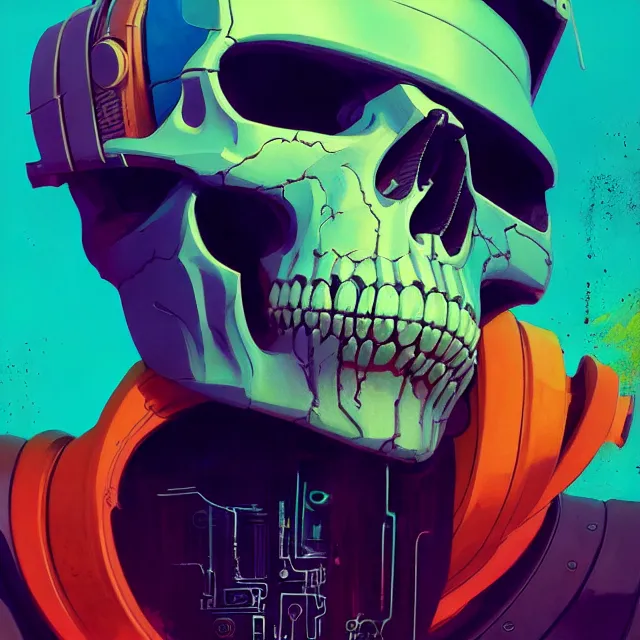 Prompt: a beautiful painting of a cyberpunk metal skull by sachin teng and pascal blanche and ralph mcquarrie and greg rutkowski. in style of conceptual art. ( colorful comic ), ( film noirs ), ( brush stroke ), ( vibrating colors ), hyper detailed. 4 k texture. octane render. trending on artstation