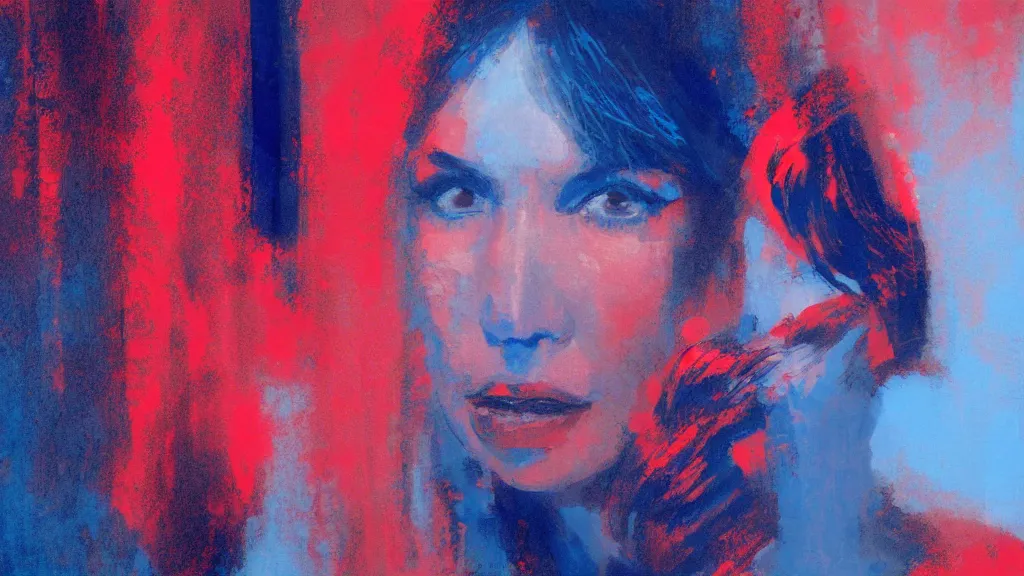 Image similar to portrait of rebekah delrio in mulholland drive, blue and red lights painted by craig mullins