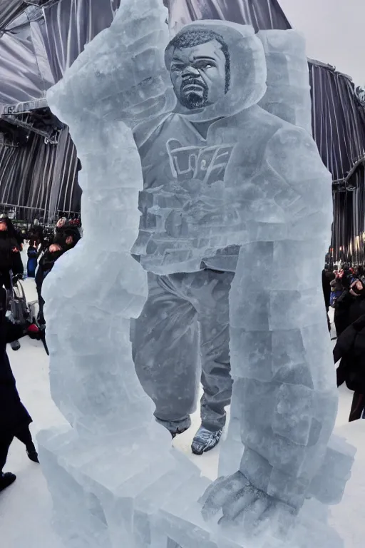 Image similar to dramatic photo, the rapper'ice cube'carving a full body ice sculpture of rapper'ice cube'at harbin ice festival, wide angle photo, award winning, artgerm, wlop, james gurney, trending on artstation