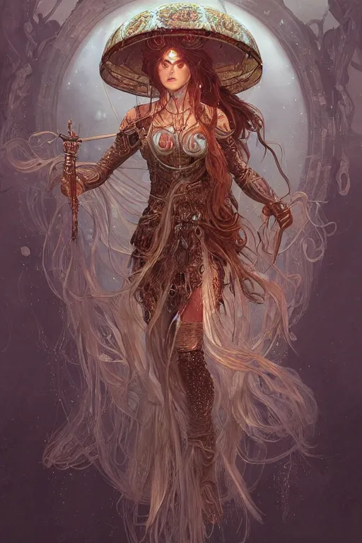 Image similar to a portrait of an anthropomorphic jellyfish warrior goddess, D&D, fantasy, intricate, highly detailed, digital painting, artstation, concept art, smooth, sharp focus, illustration, art by artgerm and greg rutkowski and alphonse mucha