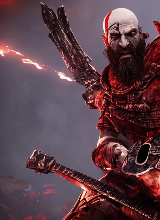 Prompt: red left eye paint stripe armored screaming kratos rocking out on a flaming stratocaster guitar, cinematic render, god of war 2 0 1 8, playstation studios official media, lightning, flames, clear, coherent, guitar