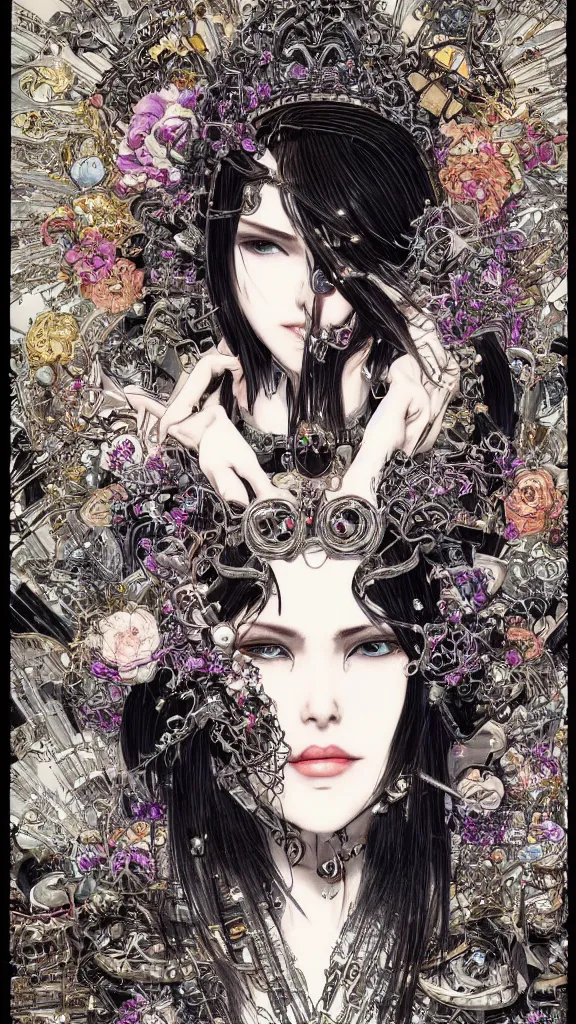 Image similar to cyberpunk fashion a beautiful black haired woman with pale skin and a crown on her head sitted on an intricate metal throne skin wrapped in flowers and wired, vintage style, by yoichi hatakenaka, masamune shirow, josan gonzales and dan mumford, ayami kojima, takato yamamoto, barclay shaw, karol bak, yukito kishiro