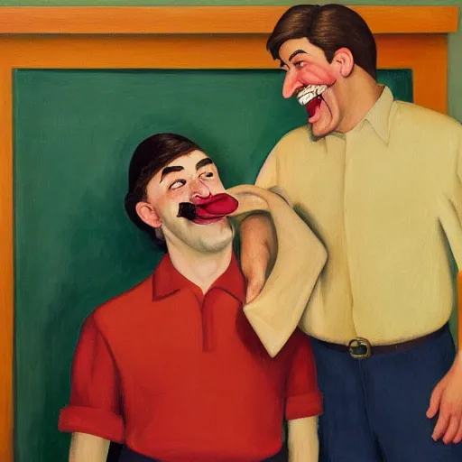 Image similar to long shot of a man with brown hair and mustache laughing with a short brown hair boy with red shirt by pj crook, edward hopper, oil on canvas