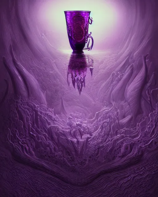 Image similar to cup of codeine, purple liquid in cup glowing, fantasy, dramatic, intricate, elegant, highly detailed, digital painting, artstation, concept art, smooth, sharp focus, illustration, art by Gustave Dore, octane render