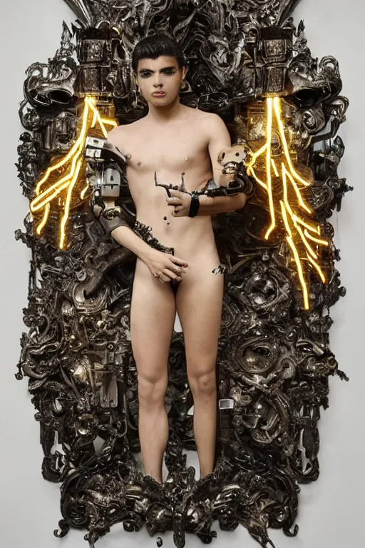 Image similar to full-body bladerunner style sculpture of a young handsome Latino prince as a half cibernetic android with a chest opening exposing circuitry and electric sparks, glowing laser beam eyes, crown of giant diamonds, flowing neon-colored silk, fabric, raptors. baroque elements. full-length view. baroque element. intricate artwork by caravaggio. reflective surfaces. Trending on artstation, octane render, cinematic lighting from the right, hyper realism, octane render, 8k, depth of field, 3D