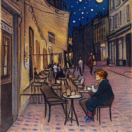 Image similar to two young edwardian women sit outside a cafe in paris at night, the moon is in the sky, the eiffel tower is visible in the background, in the style of carl larsson