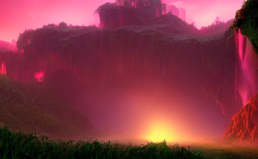 Prompt: a beautiful and stunning digital render of a humongous ruby cave, dimly glowing crystals, vines, haze, waterfall, volumetric lighting, photorealistic, red sky, sunset, unreal engine 5, ultra detail, trending on artstation