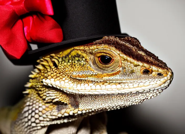 Image similar to dslr portrait still of a bearded dragon wearing a top hat and a red bowtie, 8 k 8 5 mm f 1. 4