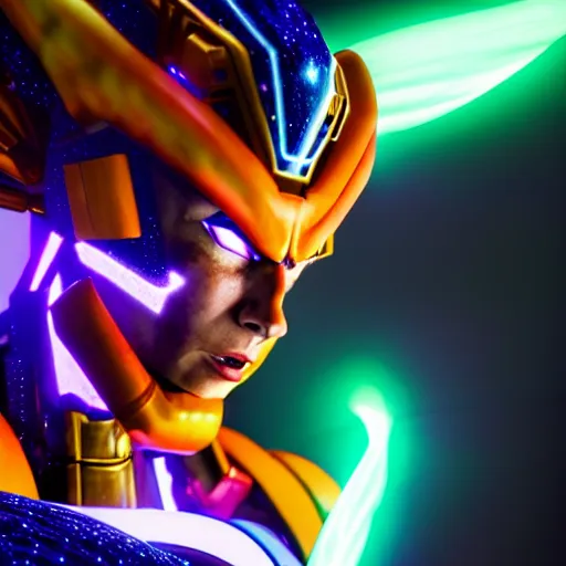 Prompt: uhd candid photo of cosmic mecha freiza powering up, glowing, global illumination, studio lighting, radiant light, hyperdetailed, correct face, elaborate intricate costume. photo by annie leibowitz