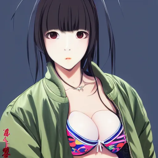 Image similar to a beautiful japanese lalisa alluring gravure model, wearing oversized designer bomber jacket and leotard, bulky poofy bomber jacket with mesoamerican patterns, mesoamerican native street fashion, gapmoe yandere grimdark, trending on pixiv fanbox, painted by greg rutkowski makoto shinkai takashi takeuchi studio ghibli, akihiko yoshida