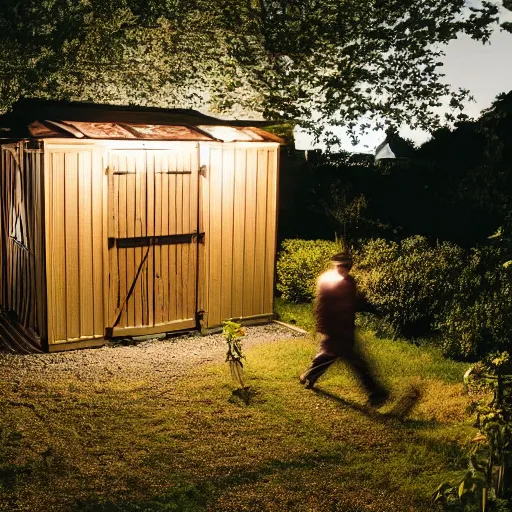 Prompt: A dark photo of two men in a garden at night walking towards a small wooden garden shed