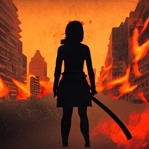 Image similar to A silhouette of a girl with a katana against the backdrop of a burning city, dramatic composition, trending on Artstation, 8K