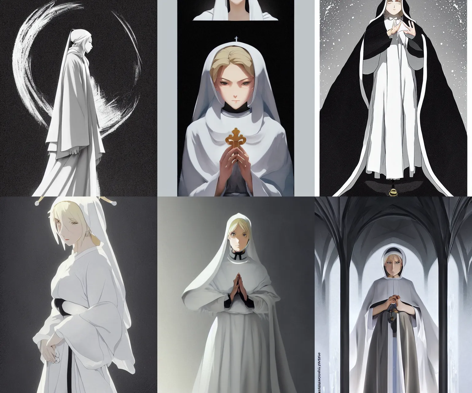 Prompt: young female nun, blonde hair, black and white nun's gown, detailed perfect face, exquisite details, ice magic, mid view, design on a white background, by studio muti, greg rutkowski makoto shinkai takashi takeuchi studio ghibli