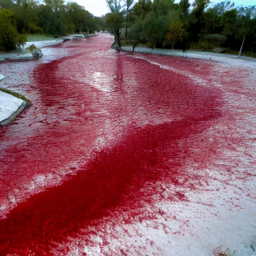 Prompt: image of a river of blood flowing near pyramids