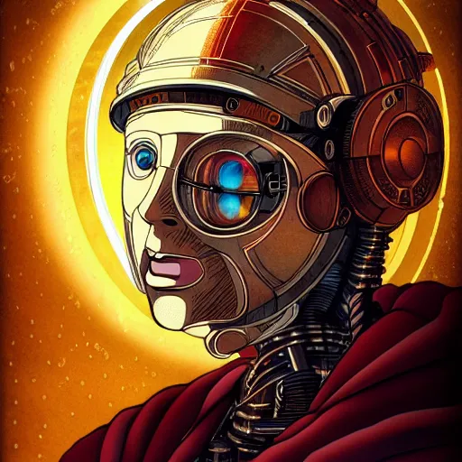 Image similar to detailed color manga illustration of a renaissance Saint with a halo, as a cyborg robot, cyberpunk, dark, akira, davinci, sistine chapel, sci-fi