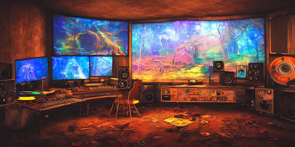 Image similar to A realistic painting of a vintage reel to reel computer, with psychedelic mushroom art on the screen, in a post apocalyptic recording studio, daytime, unreal 5, DAZ, hyperrealistic, octane render, RPG portrait, dynamic lighting,