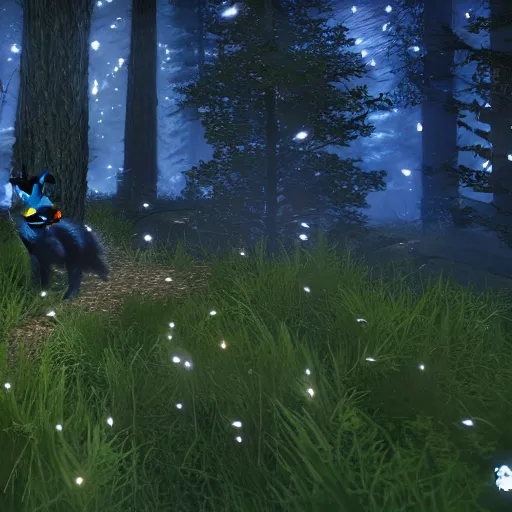 Image similar to a black fox in a majestic fantasy forest at night, fireflies floating about, bioluminescent plants, second life in game screenshot 2022