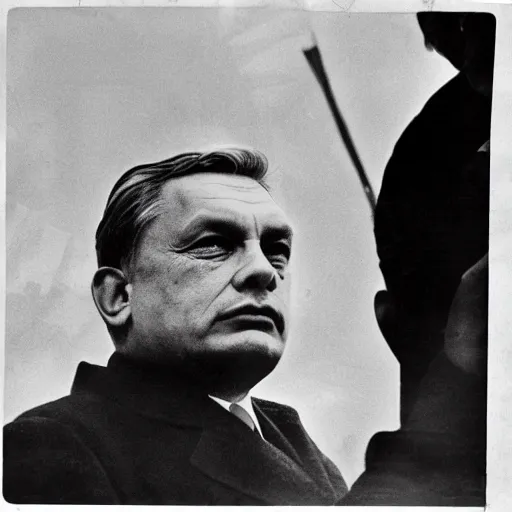 Image similar to leader of fascist hungary, viktor orban, overseeing the war torn city of budapest during the siege 1 9 4 5