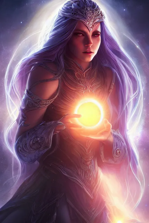Image similar to beautiful cinematic fantasy poster, goddess of light and love, beautiful glowing galaxy eyes, hybrid from The Elden Ring and art direction by Darius Zawadzki ;by artgerm; wayne reynolds art station; cinematic quality character render; low angle; ultra high quality model; production quality cinema model;