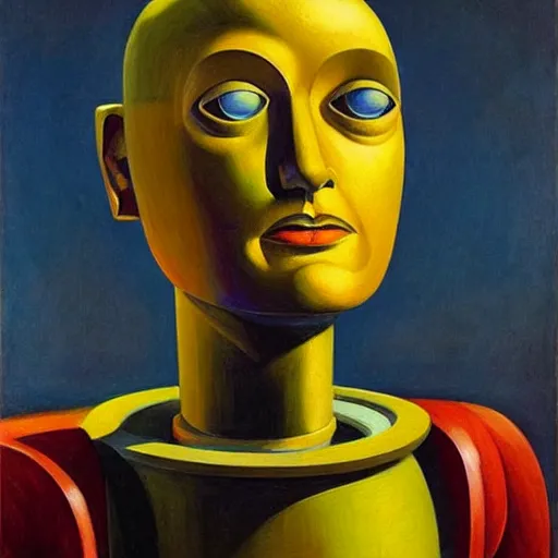 Prompt: super - intelligent robot with kind eyes portrait, grant wood, pj crook, edward hopper, syd mead, oil on canvas