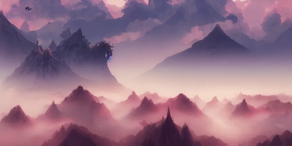 Image similar to a beautiful landscape of peach blossoms on the clouds, brilliant peaks, dense fog, early morning, by by yoneyama mai, trending on artstation, clouds, by wayne barlowe, peter mohrbacher, kelly mckernan, epic scene, 4 k, dark fantasy, environment, unreal engine 5, detailed