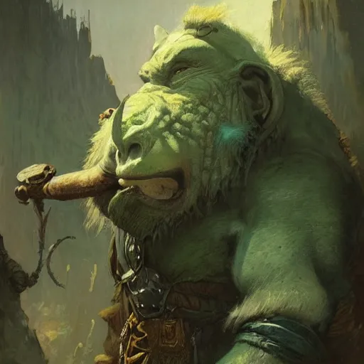 Image similar to a friendly orcish merchant, green skin and tusks, fantasy character portrait by greg rutkowski, gaston bussiere, craig mullins