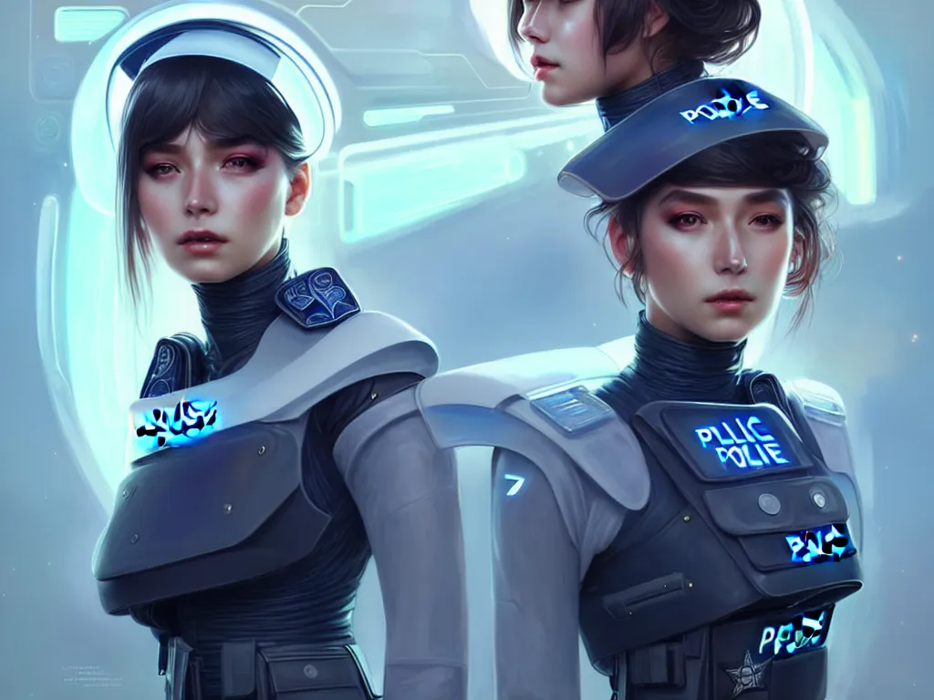 Prompt: portrait futuristic new zealand police uniform girl, at future neon light rooftop, ssci - fi and fantasy, intricate and very very beautiful and elegant, highly detailed, digital painting, artstation, concept art, smooth and sharp focus, illustration, art by tan zi and ayanamikodon and alphonse mucha and wlop